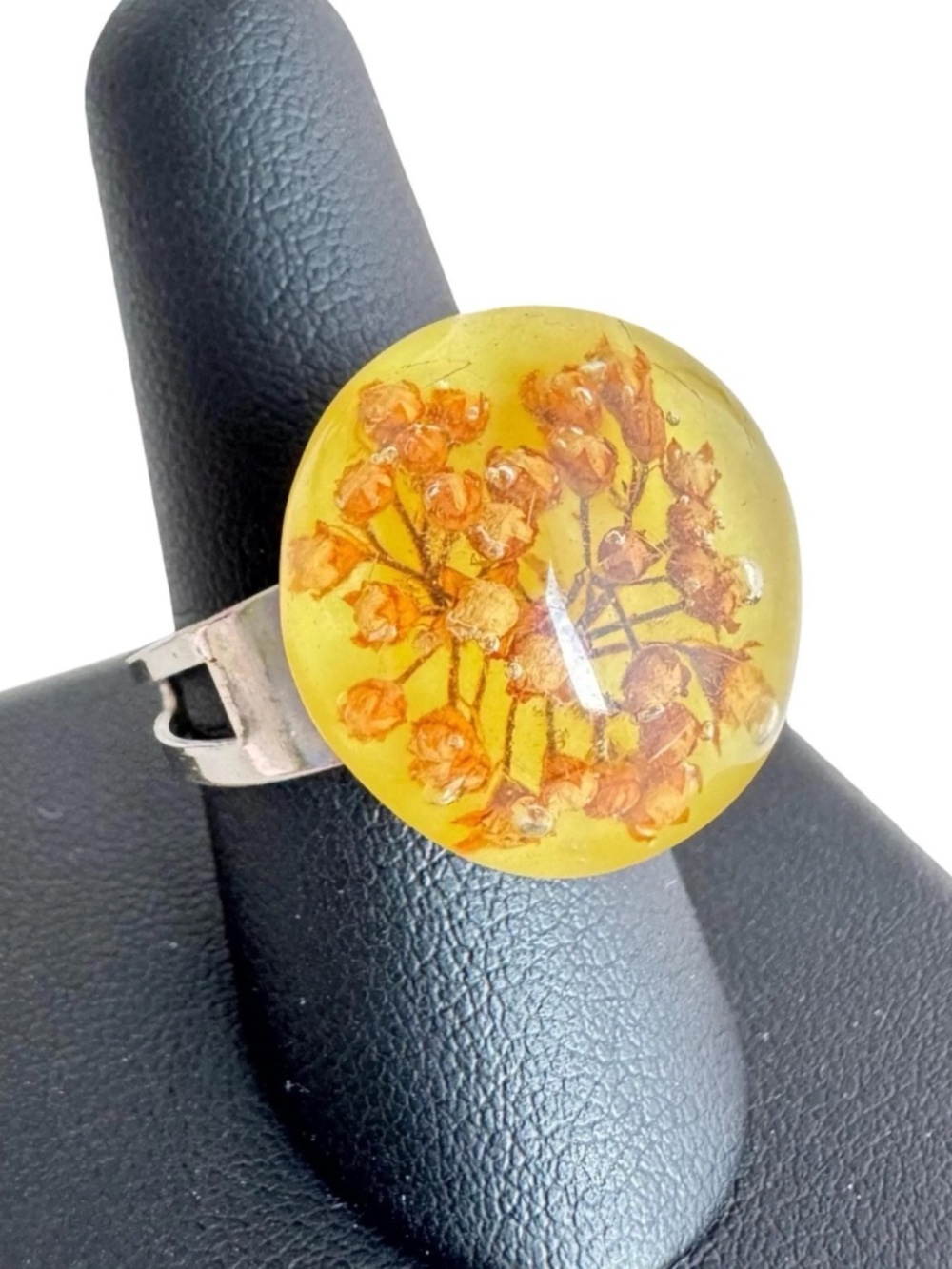 Vintage Dried Floral Statement Ring Yellow Dome Silver Tone Adjustable Cocktail